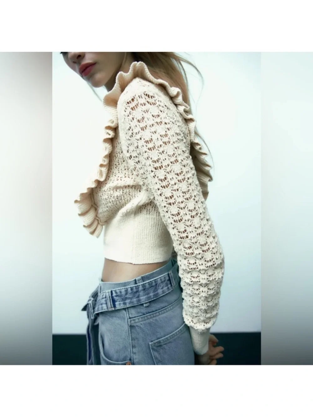 Zara Fitted Ruffled Knit
Pearl Rhinestone Cropped
Sweater - Picture 3 of 8
